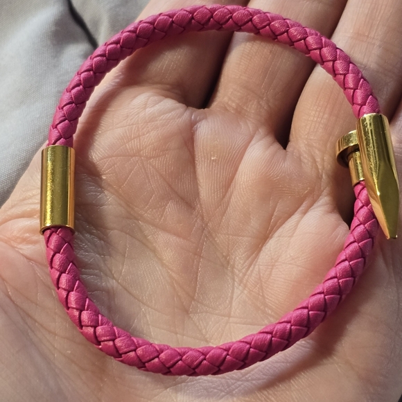 The style company Jewelry - Pink Braided Leather Bracelet with Gold Accents